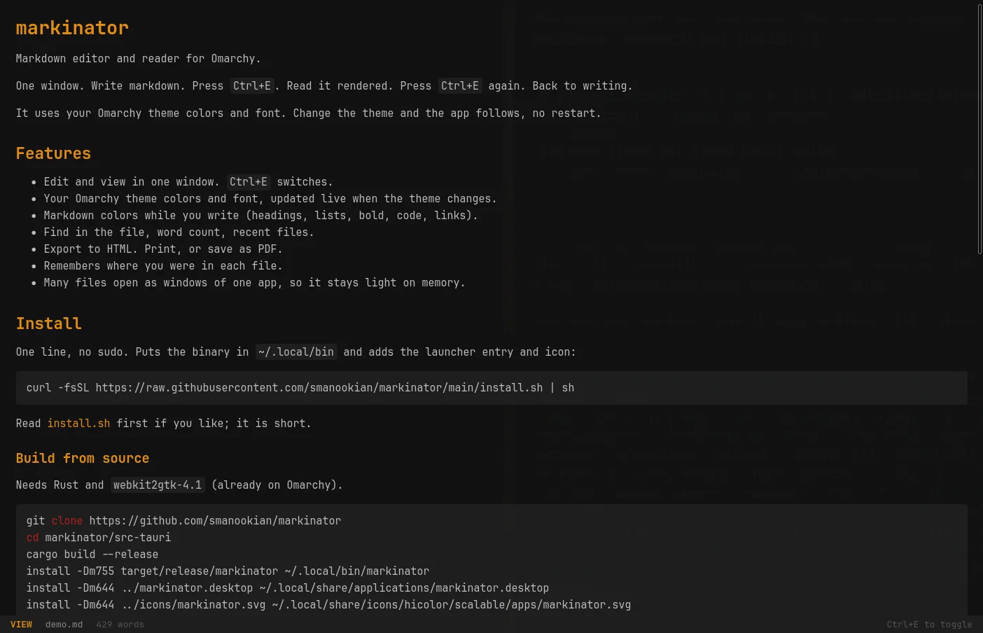 Markinator in view mode: the same README rendered with headings, lists, and code blocks, with VIEW and the file name in the status bar