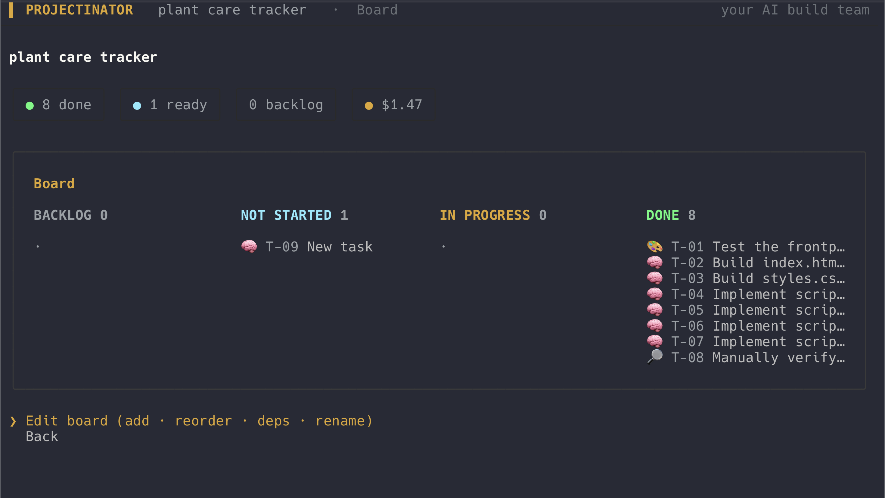 Projectinator terminal cockpit showing a Scrum board mid-build