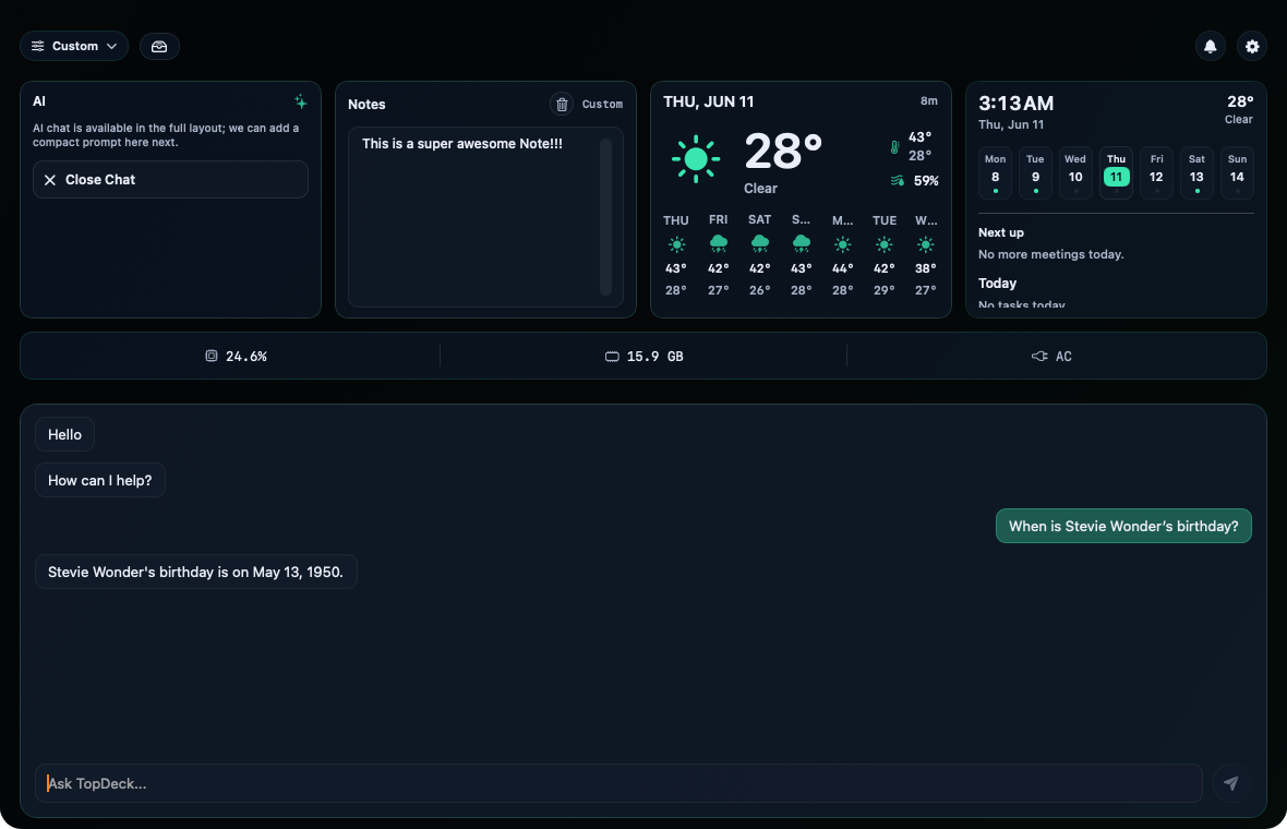 TopDeck AI chat answering a question in the Mac notch