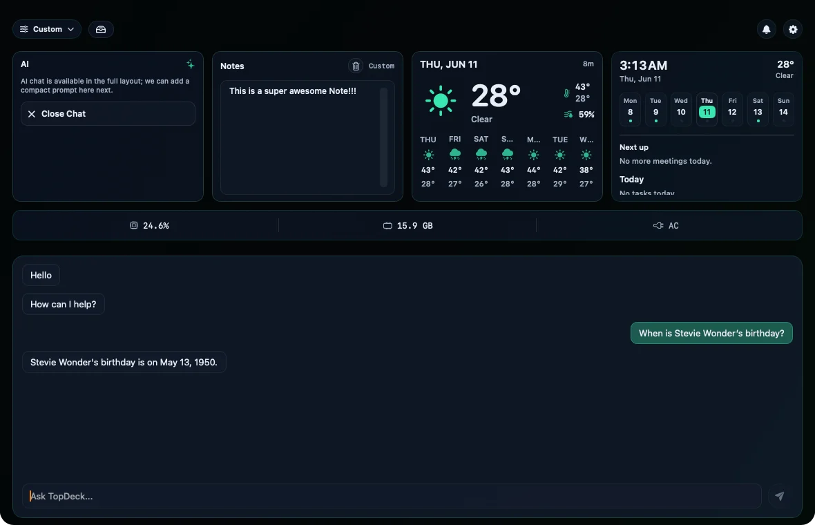 TopDeck AI chat answering a question in the Mac notch
