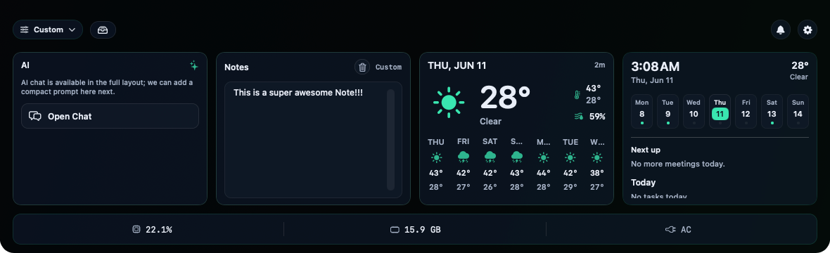 TopDeck's notch on a Mac filled with widgets — AI chat, notes, weather and calendar
