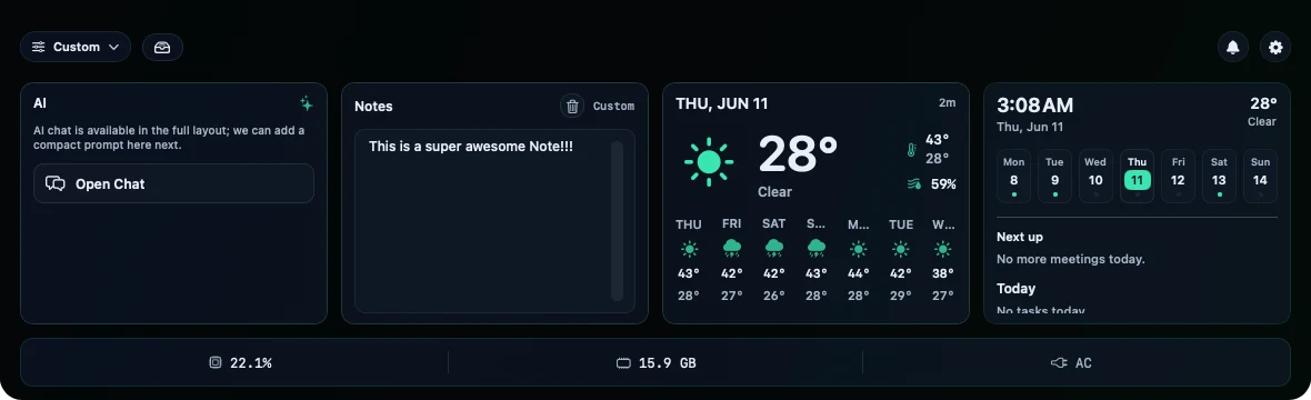 TopDeck's notch on a Mac filled with widgets — AI chat, notes, weather and calendar