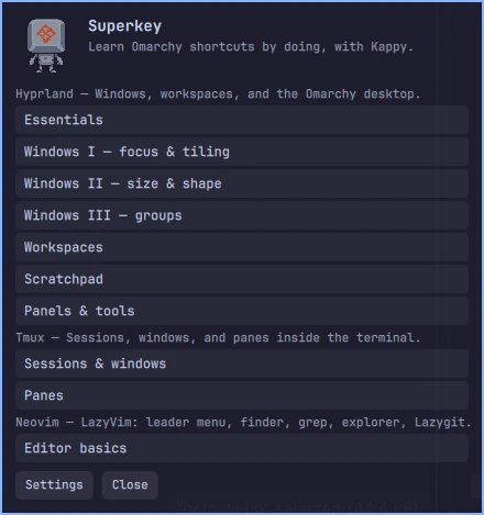 Superkey’s lesson picker: a Hyprland track with Essentials, three Windows lessons, Workspaces, Scratchpad, and Panels and tools; a Tmux track with Sessions and windows and Panes; and a Neovim track with Editor basics