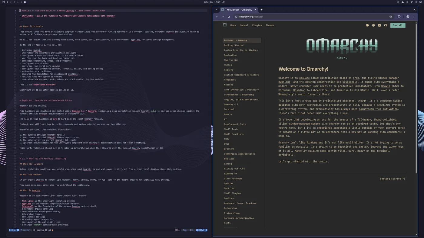 A real Omarchy workstation tiled with an editor and browser side by side — the same kind of setup you now have