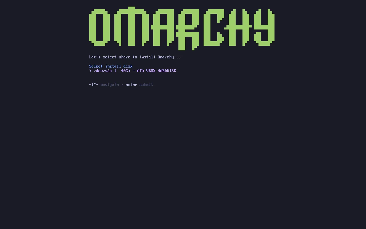 The real Omarchy installer disk-selection screen: “Let’s select where to install Omarchy” with the detected disk listed