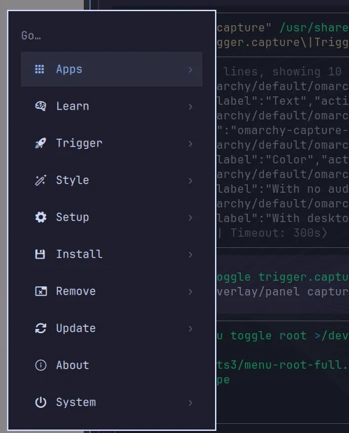 The real Omarchy menu opened with Super + Space, showing Apps, Learn, Trigger, Style, Setup, Install, Remove, Update, About, and System