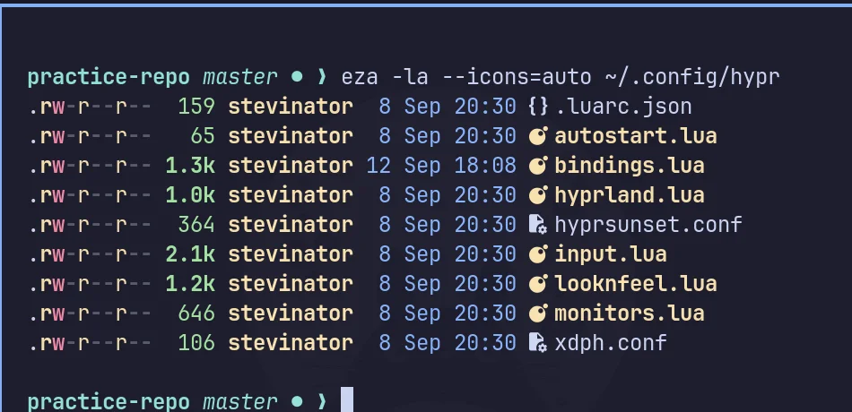 A real terminal listing of ~/.config/hypr, showing a user’s actual autostart.lua, bindings.lua, hyprland.lua, input.lua, looknfeel.lua, and monitors.lua files