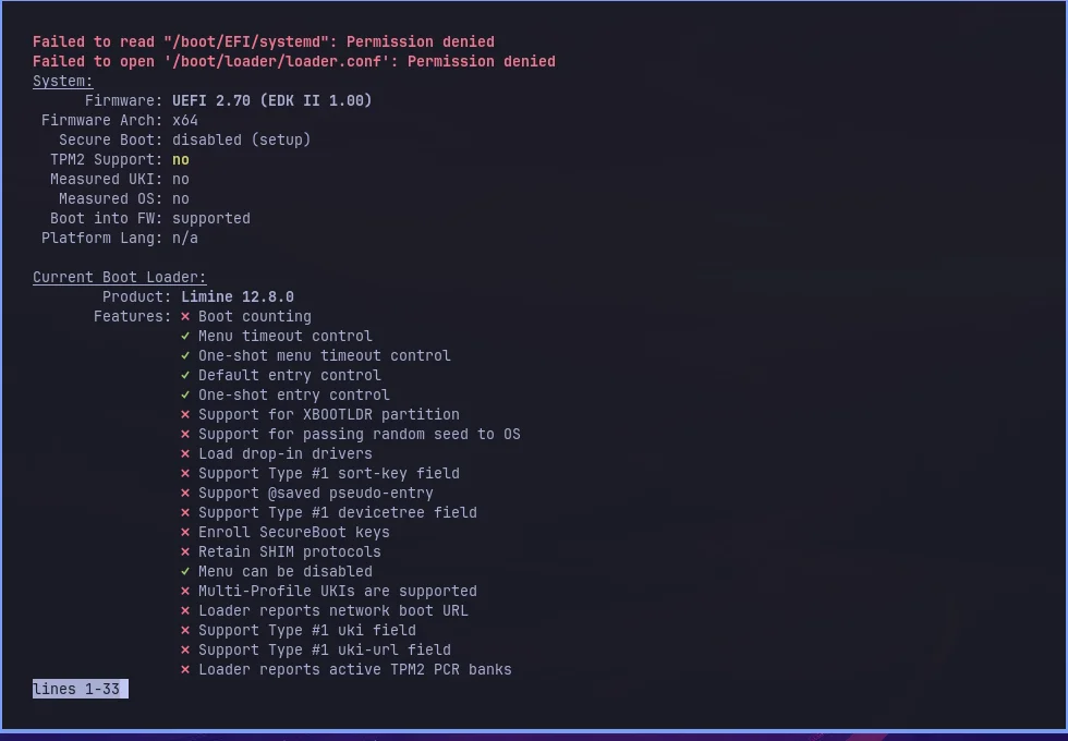 Real bootctl status output showing UEFI firmware info, Secure Boot state, and Limine as the current boot loader