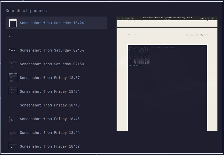 The real Omarchy clipboard history panel, searchable, showing past copied screenshots and text