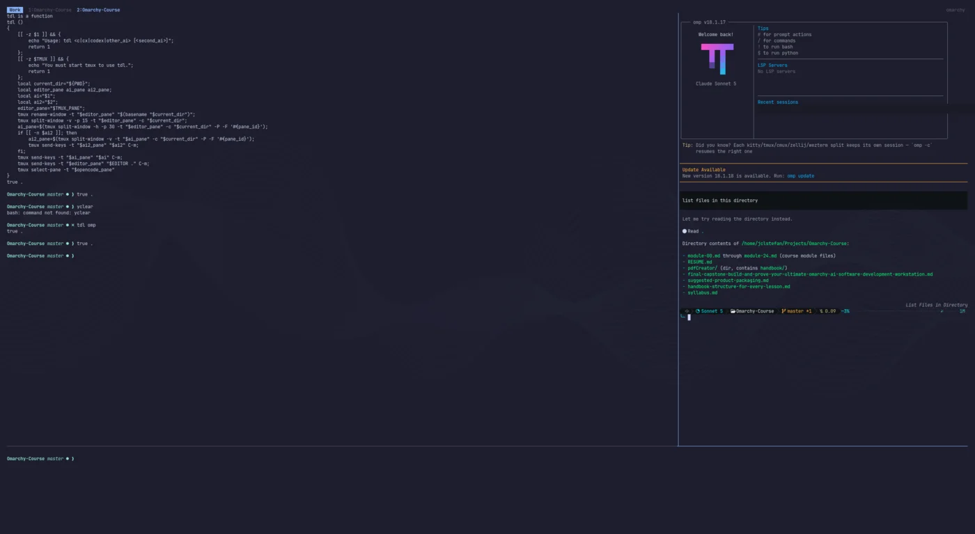 A real tdl layout: an editor pane on the left, an AI coding agent (opencode) on the right, and a terminal running commands below