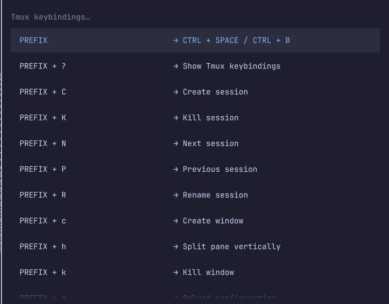 The real Tmux keybindings help panel, listing prefix combinations for sessions, windows, and panes