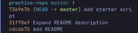 A real git log –oneline output showing three commits: adding a starter script, expanding the README, and adding the README