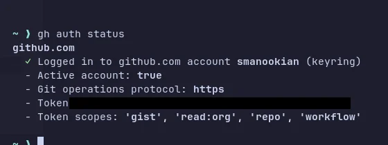 A real gh auth status output, showing a logged-in github.com account with active status, https protocol, and gist/repo/workflow token scopes