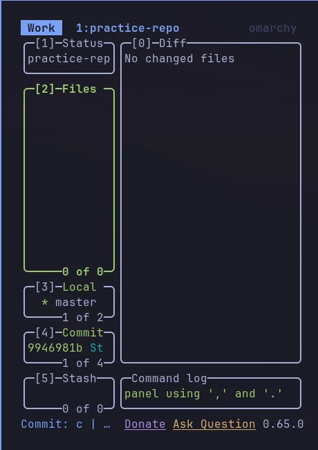 The real Lazygit terminal UI, showing Status, Files, Local branches, Commit, and Stash panels alongside a Diff view