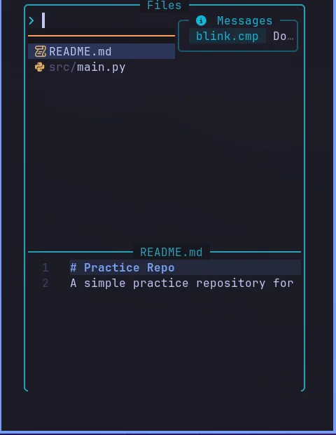 The real Neovim fuzzy finder, showing a file list (README.md, src/main.py) alongside a live preview