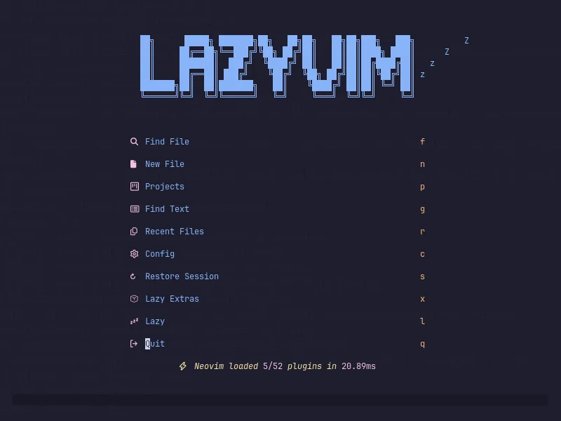 The real LazyVim splash screen after launching Neovim, showing Find File, New File, Projects, Find Text, and other quick-start options