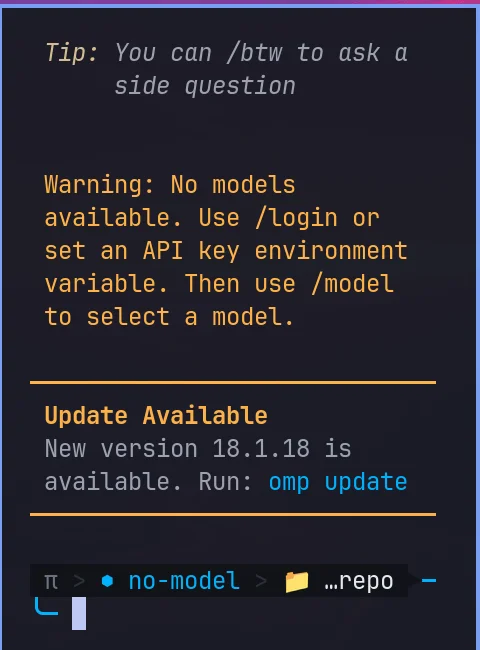 A real default coding agent terminal launched by Omarchy, showing a startup prompt and a tip about asking side questions with /btw