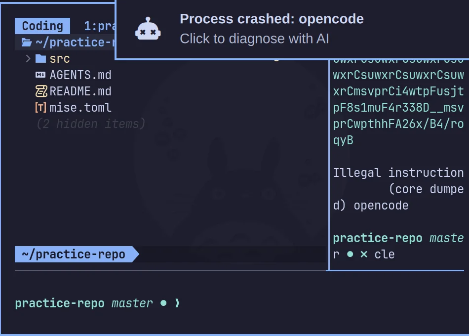 A real “Process crashed: opencode — Click to diagnose with AI” desktop notification appearing over a terminal after a crash