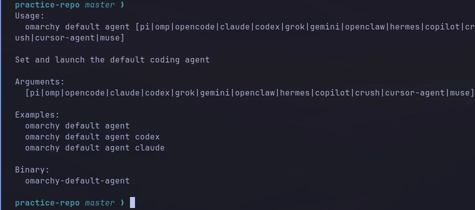 Real output of omarchy default agent –help, listing every supported agent: pi, omp, opencode, claude, codex, grok, gemini, openclaw, hermes, copilot, crush, cursor-agent, muse