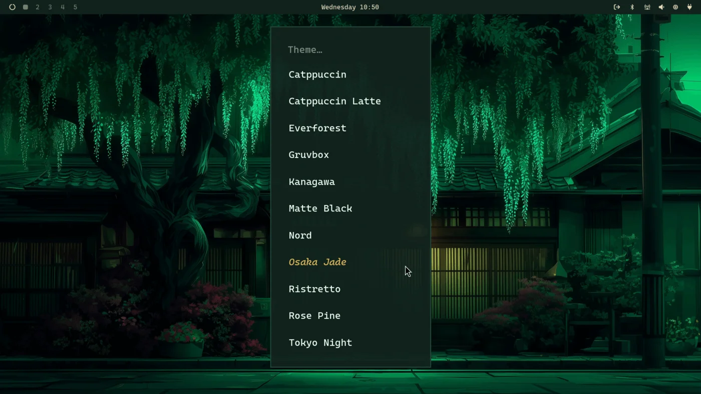 The real Omarchy theme picker, listing Catppuccin, Everforest, Gruvbox, Kanagawa, Nord, Osaka Jade, Ristretto, Rose Pine, and Tokyo Night over a themed wallpaper