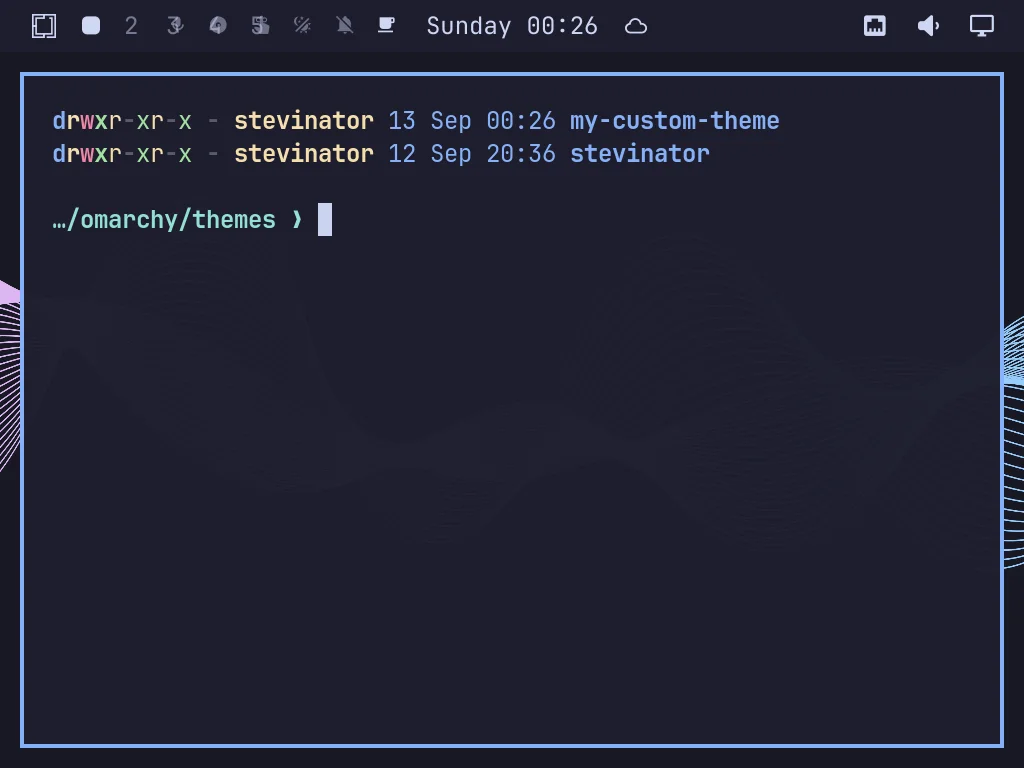 A real terminal listing of ~/.config/omarchy/themes, showing a custom “my-custom-theme” folder alongside the built-in stevinator theme