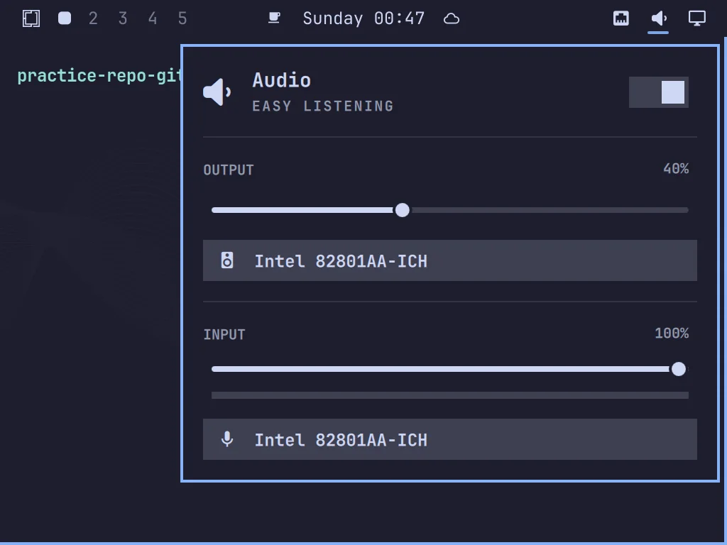 The real Omarchy audio panel, showing output at 40% and input at 100% on an Intel 82801AA-ICH device