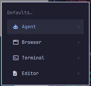 The real Omarchy Defaults menu, listing Agent, Browser, Terminal, and Editor as configurable default categories