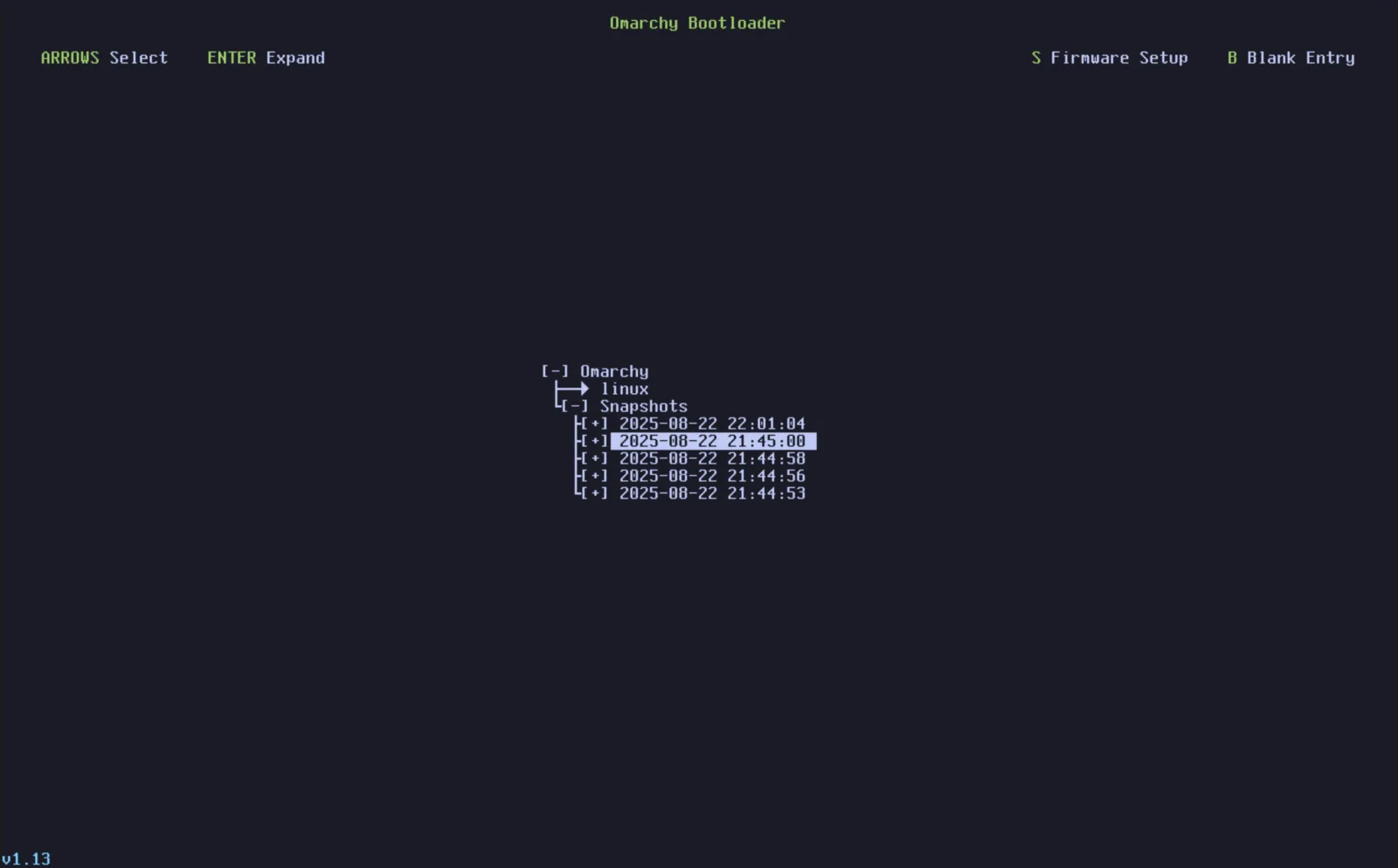 The real Omarchy Limine bootloader menu, expanded to show a Snapshots list with five timestamped historical root entries