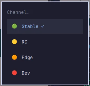 The real Omarchy Channel picker, showing Stable selected with a checkmark alongside RC, Edge, and Dev options