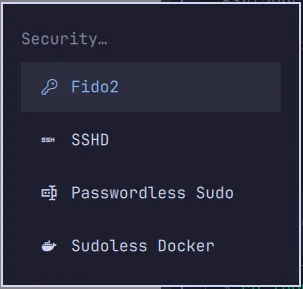 The real Omarchy Security menu, showing Fido2, SSHD, Passwordless Sudo, and Sudoless Docker as configurable options