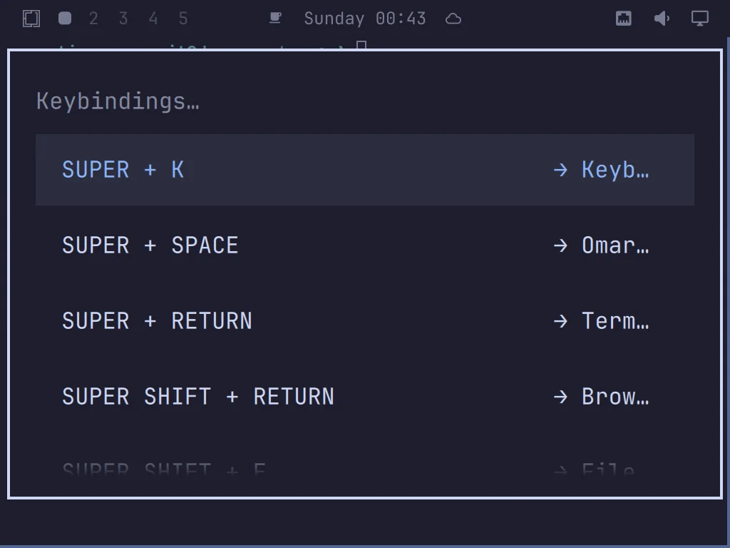 The real Omarchy Keybindings panel, listing SUPER+K, SUPER+SPACE, SUPER+RETURN, SUPER SHIFT+RETURN and their bound actions