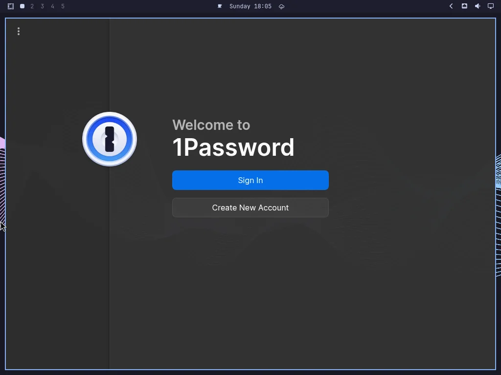 The real 1Password “Welcome to 1Password” sign-in screen, shown after launching the app fresh