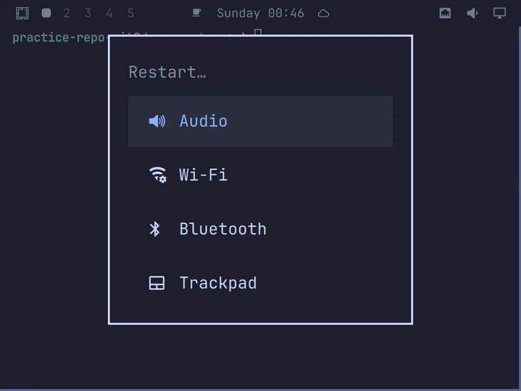 The real Omarchy hardware Restart menu, with Audio highlighted alongside Wi-Fi, Bluetooth, and Trackpad options
