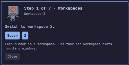 The same coach card after the shortcut worked: the Super + 2 keys are highlighted blue and Kappy adds a note that each number is a workspace, and one task per workspace beats juggling windows
